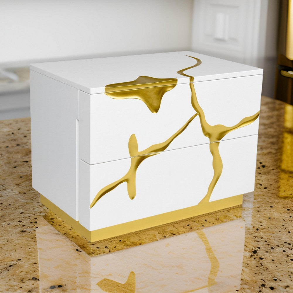 Benjara Cid Exie 28 Inch Nightstand, 2 Drawers, Gold Accent Branch Style White Wood