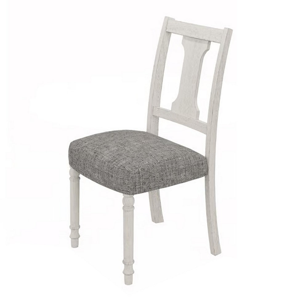 Benjara Sane 19 Inch Dining Side Chair Set of 2, Fiddleback, White Wood, Gray Linen