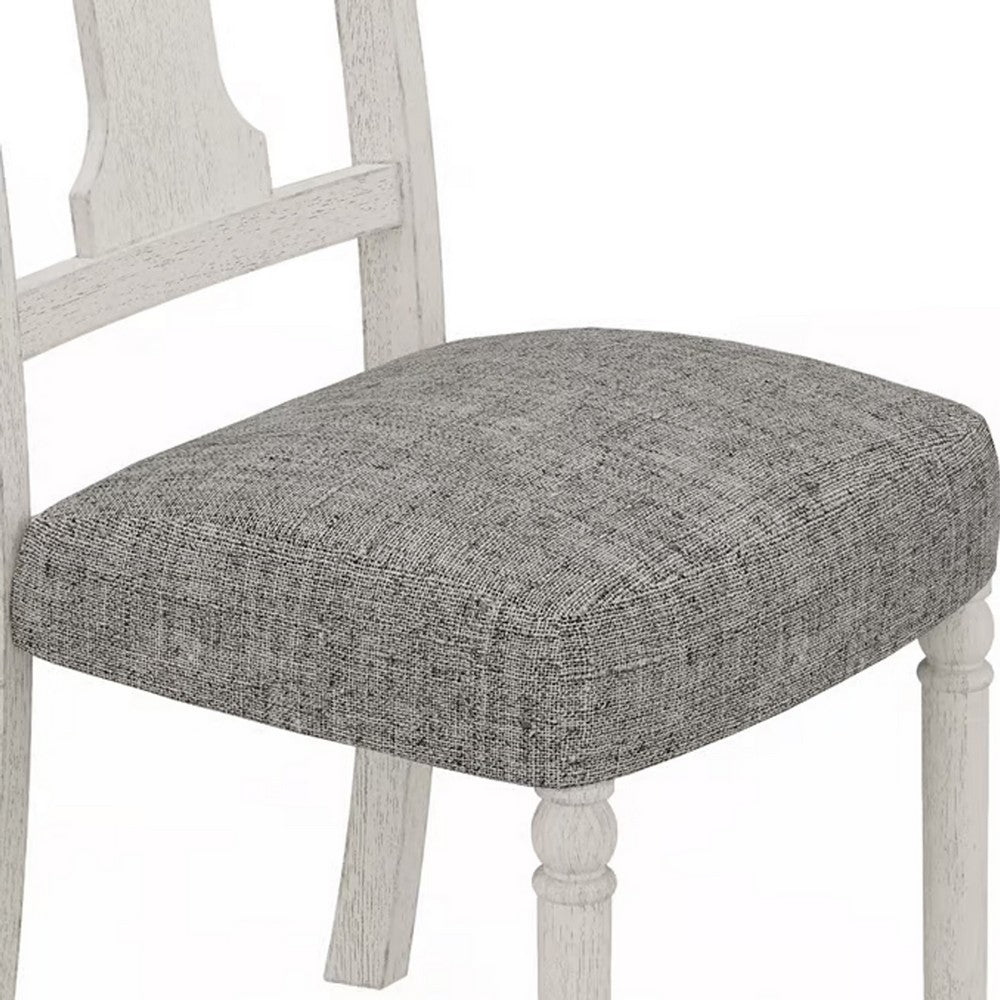 Benjara Sane 19 Inch Dining Side Chair Set of 2, Fiddleback, White Wood, Gray Linen