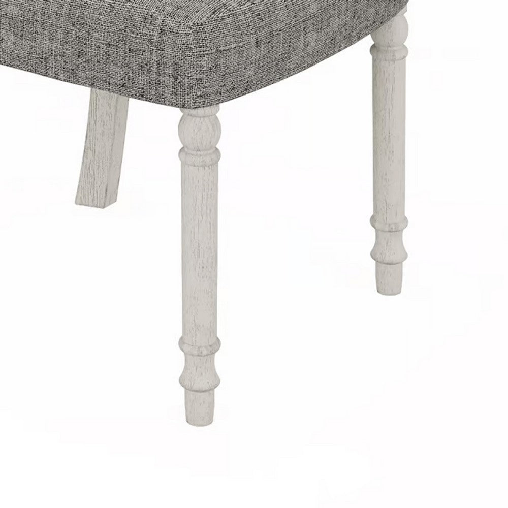 Benjara Sane 19 Inch Dining Side Chair Set of 2, Fiddleback, White Wood, Gray Linen