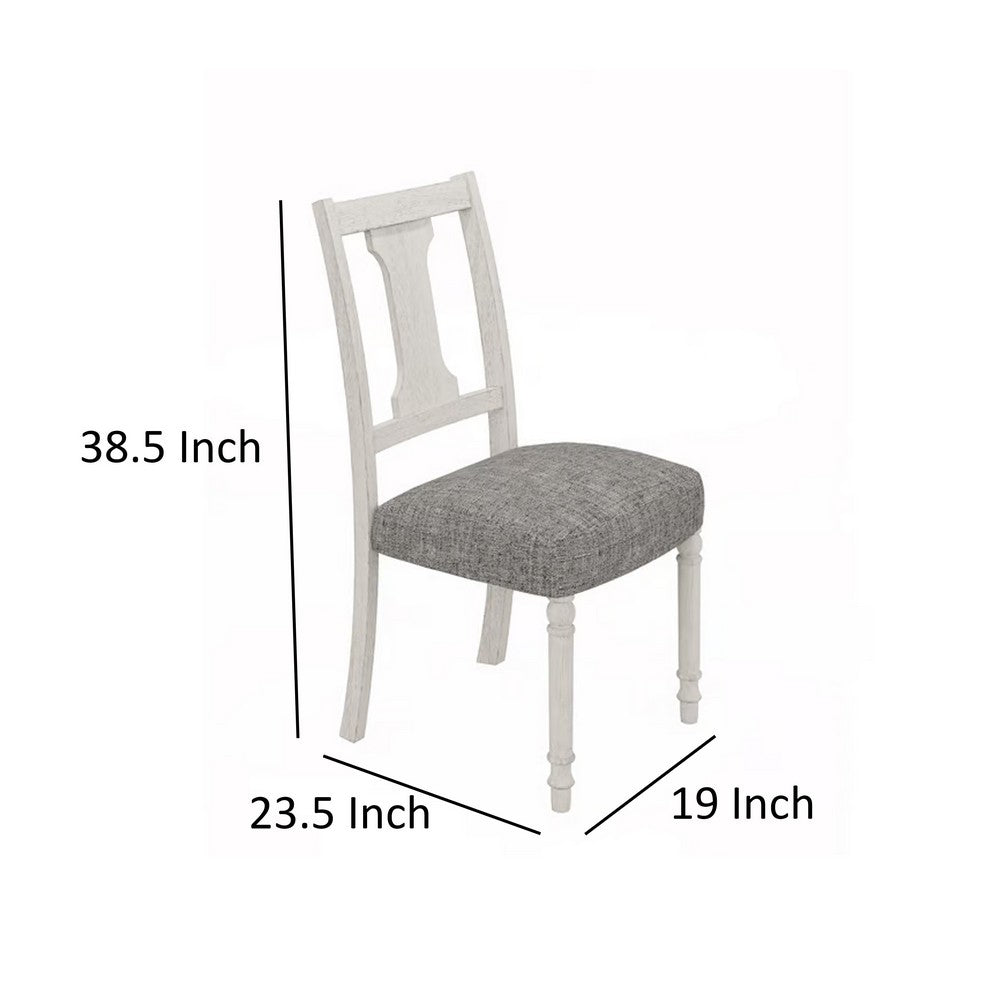 Benjara Sane 19 Inch Dining Side Chair Set of 2, Fiddleback, White Wood, Gray Linen
