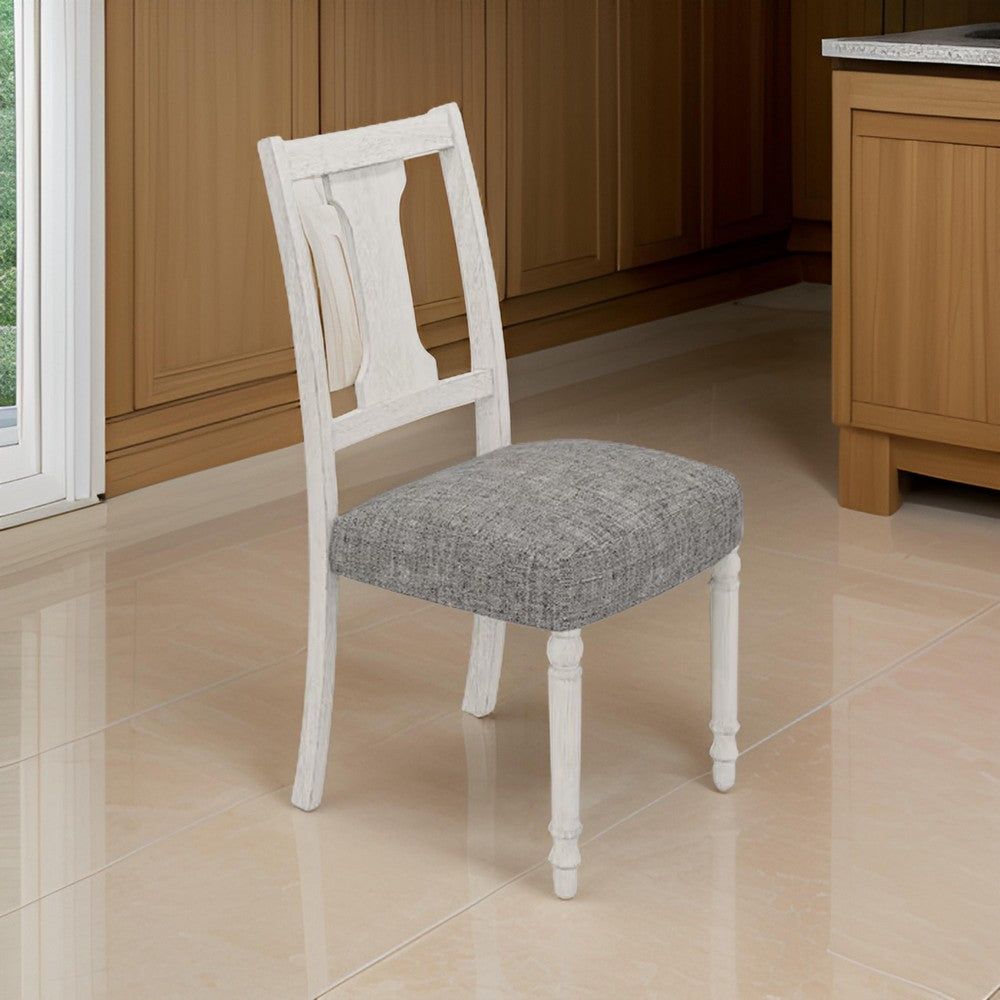 Benjara Sane 19 Inch Dining Side Chair Set of 2, Fiddleback, White Wood, Gray Linen