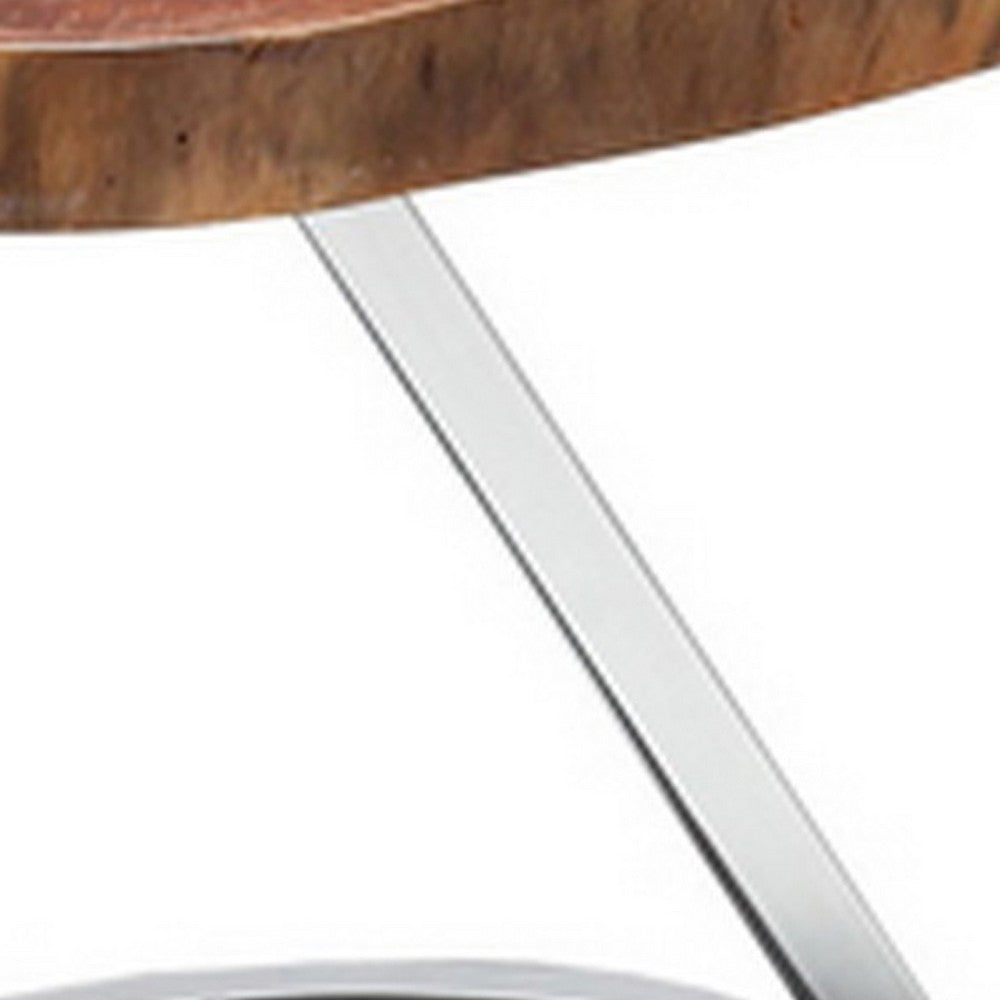 Benjara Cid Danes 17 Inch End Table, Live Edge Tree Trunk Top, Metal Base in Chrome