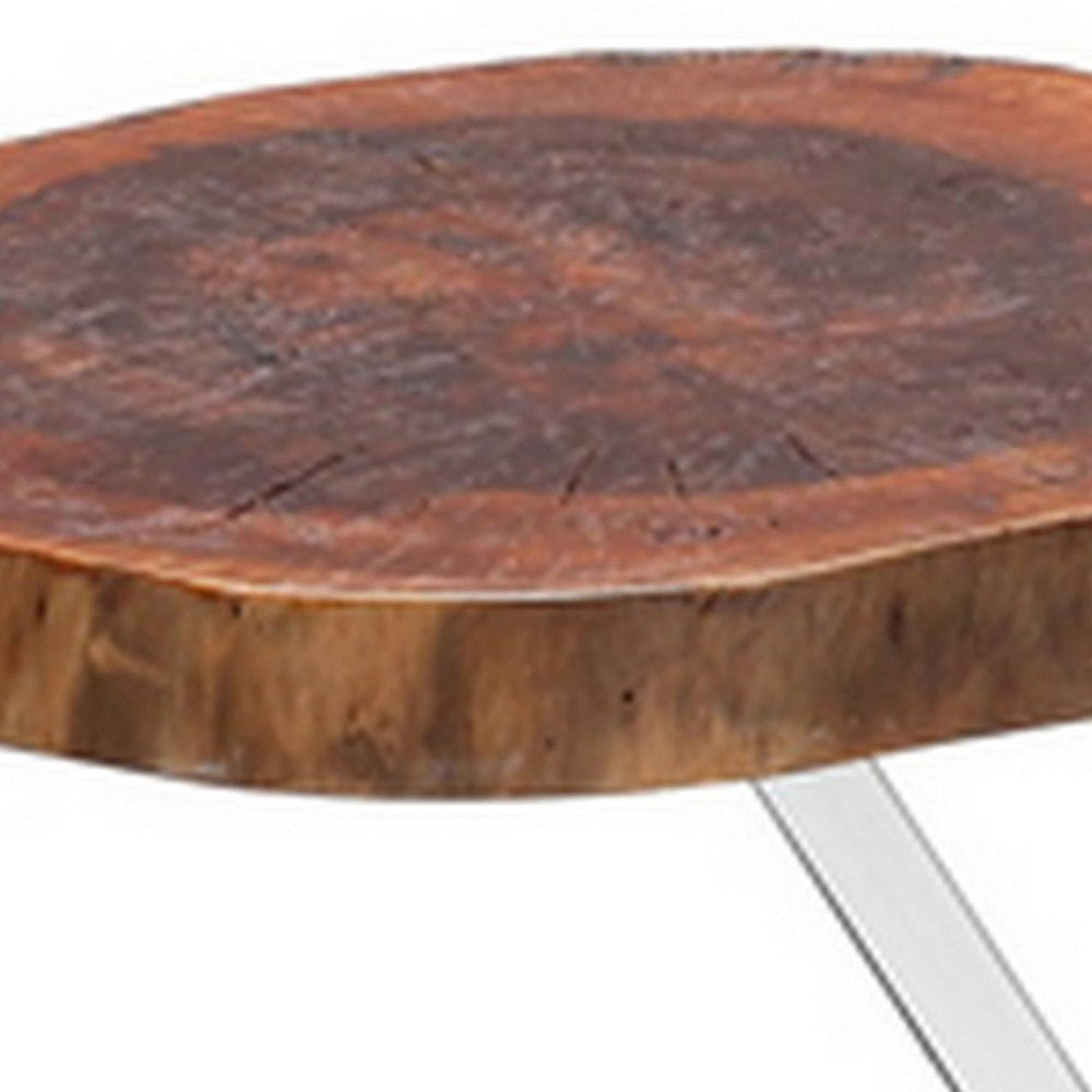Benjara Cid Danes 17 Inch End Table, Live Edge Tree Trunk Top, Metal Base in Chrome