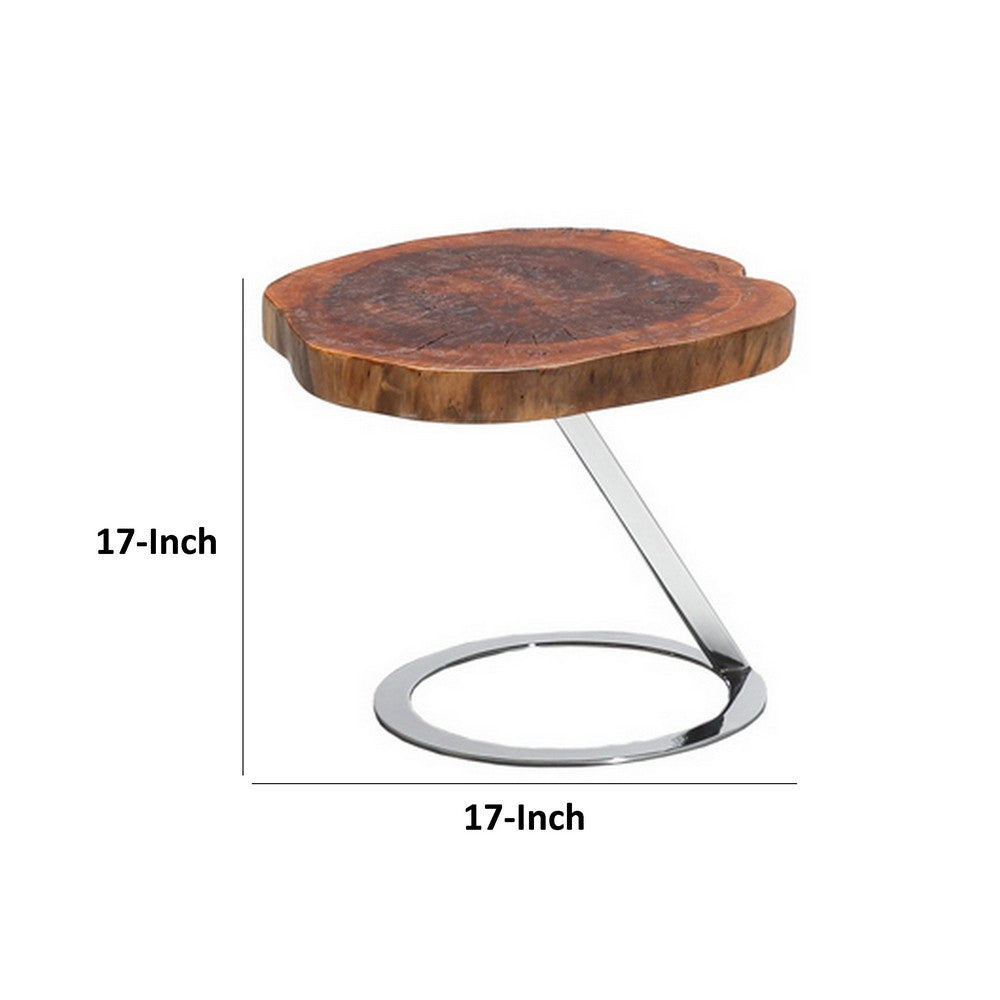 Benjara Cid Danes 17 Inch End Table, Live Edge Tree Trunk Top, Metal Base in Chrome