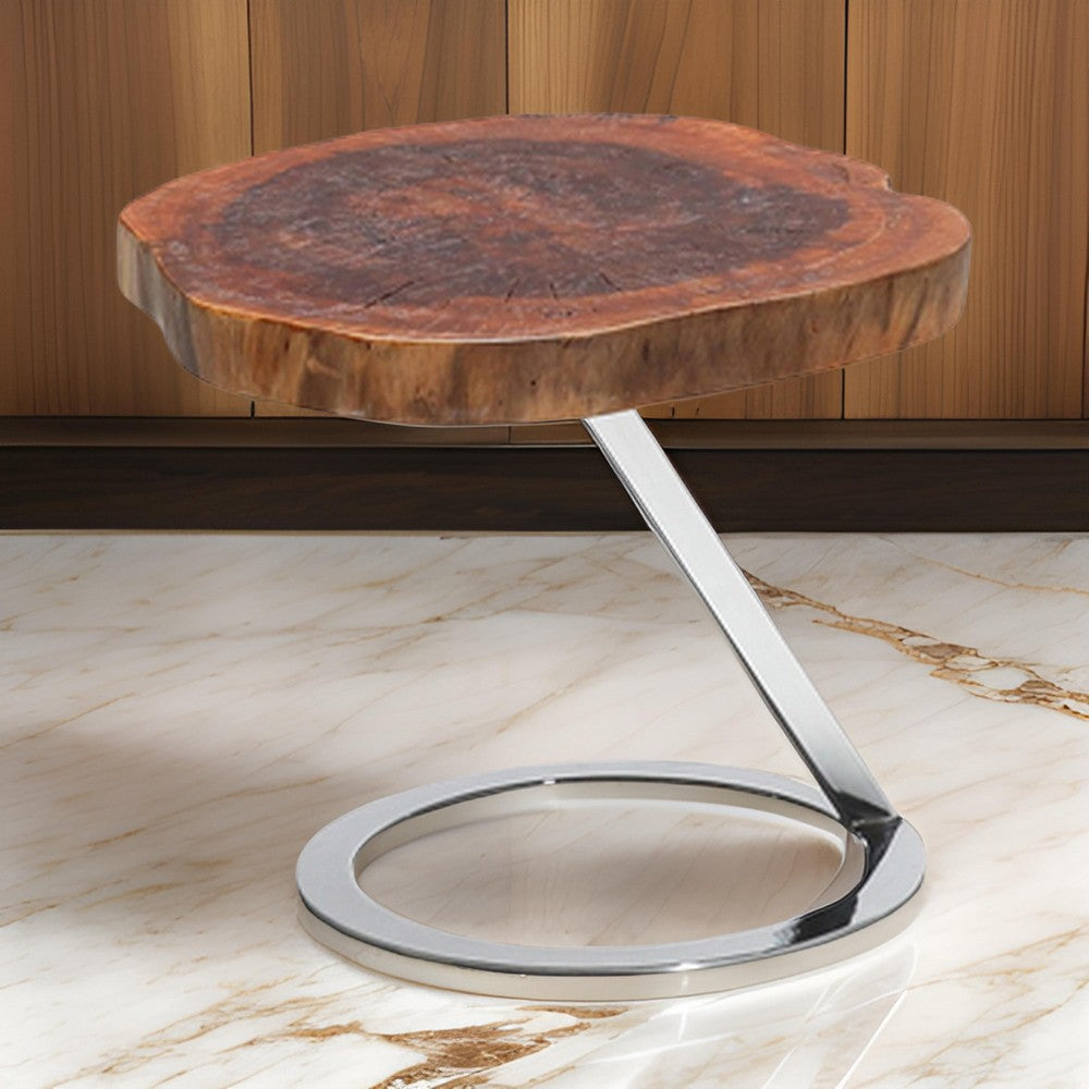 Benjara Cid Danes 17 Inch End Table, Live Edge Tree Trunk Top, Metal Base in Chrome