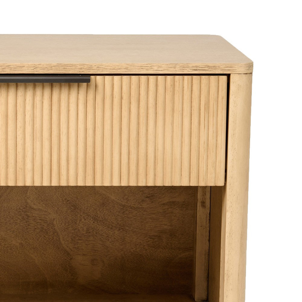 Benjara Noe Celia 32 Inch Nightstand, 1 Drawer, Shelf, Metal, Natural Solid Wood