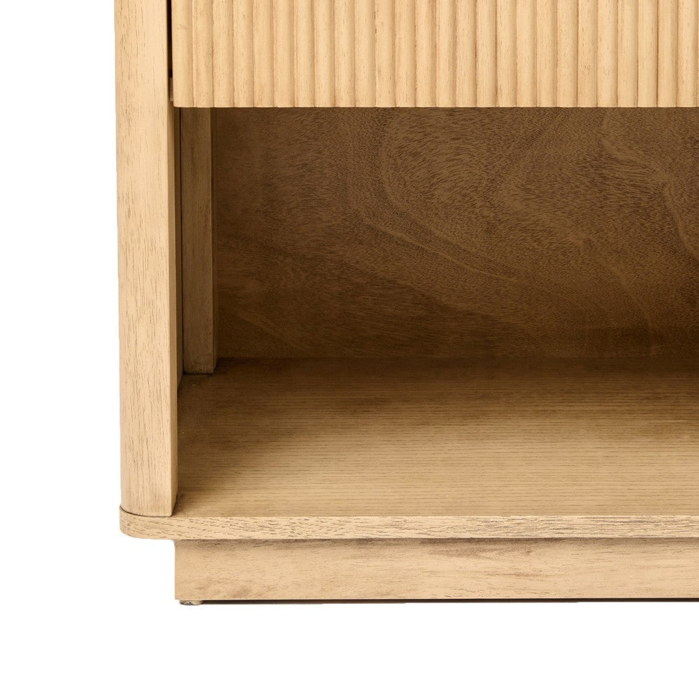 Benjara Noe Celia 32 Inch Nightstand, 1 Drawer, Shelf, Metal, Natural Solid Wood