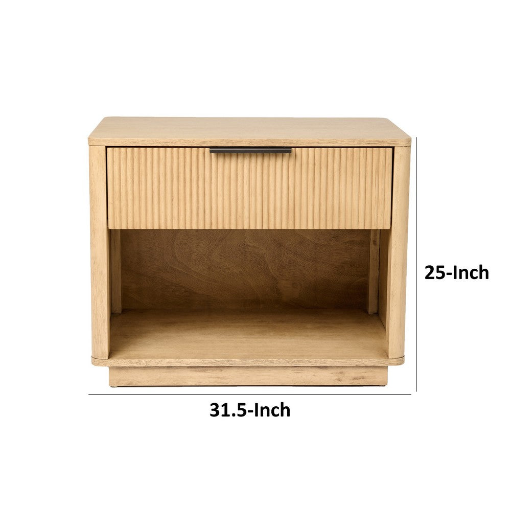 Benjara Noe Celia 32 Inch Nightstand, 1 Drawer, Shelf, Metal, Natural Solid Wood