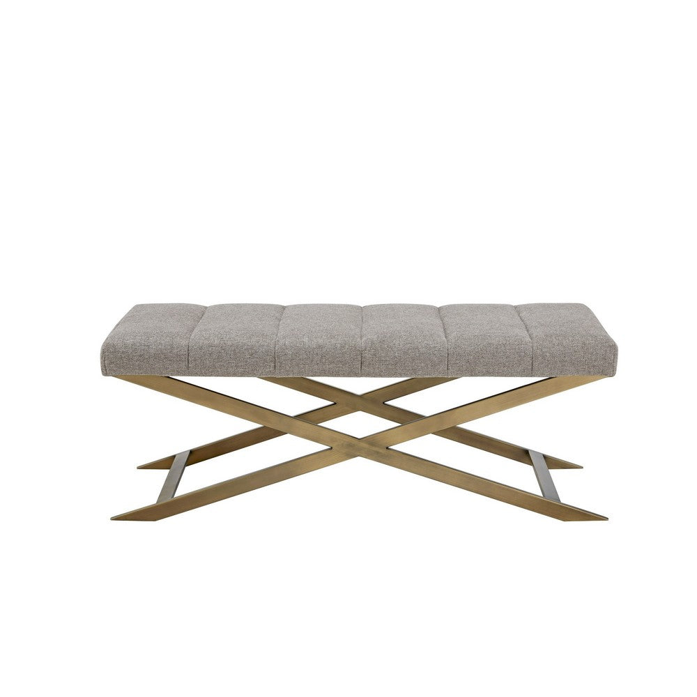 Benjara Cid Shia 47 Inch Accent Bench, Tufted Gray, X Shape Brushed Brass Legs