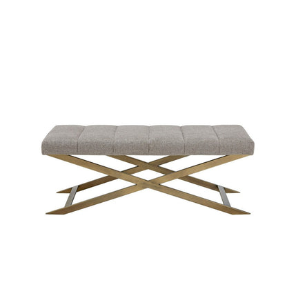 Benjara Cid Shia 47 Inch Accent Bench, Tufted Gray, X Shape Brushed Brass Legs
