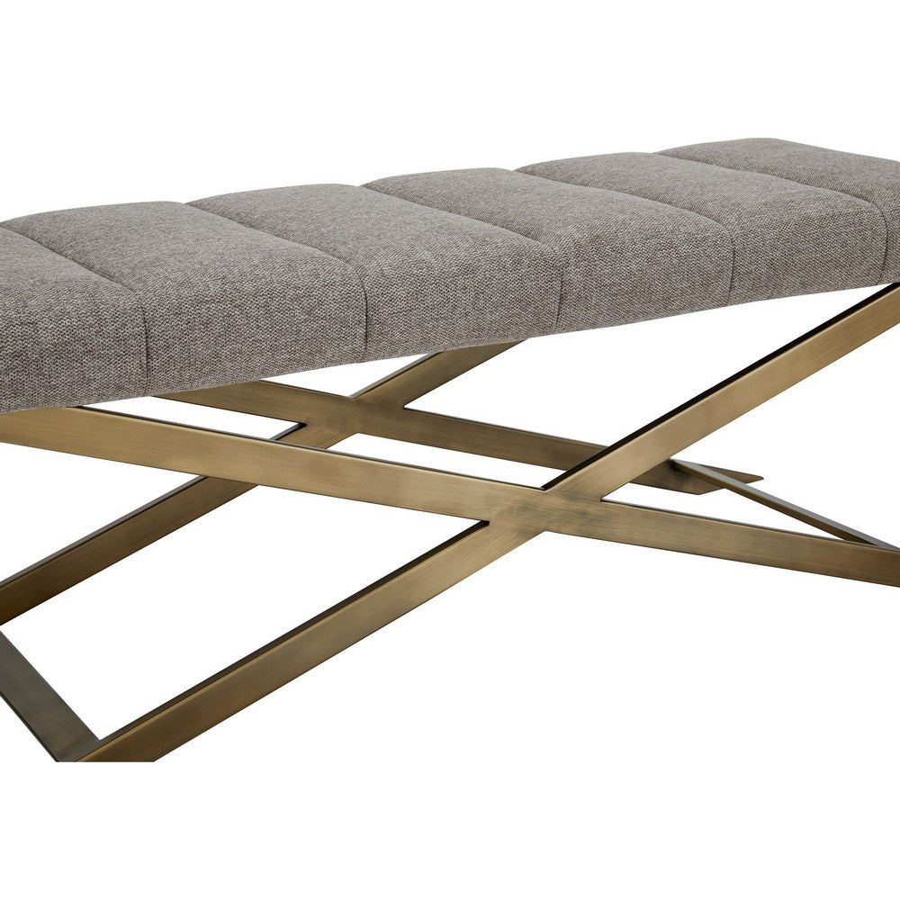 Benjara Cid Shia 47 Inch Accent Bench, Tufted Gray, X Shape Brushed Brass Legs