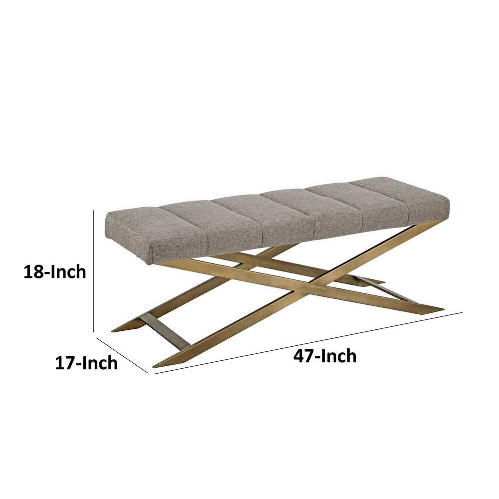 Benjara Cid Shia 47 Inch Accent Bench, Tufted Gray, X Shape Brushed Brass Legs