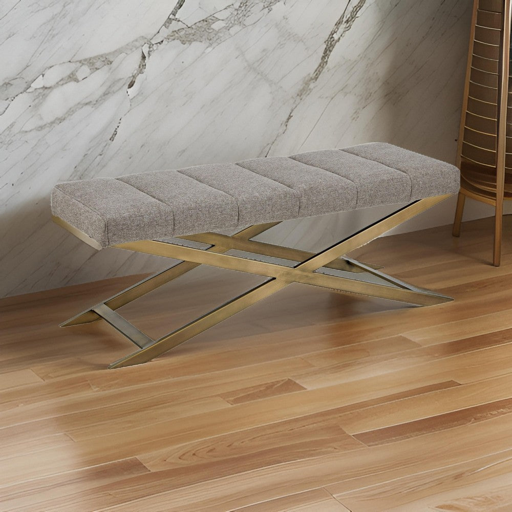 Benjara Cid Shia 47 Inch Accent Bench, Tufted Gray, X Shape Brushed Brass Legs
