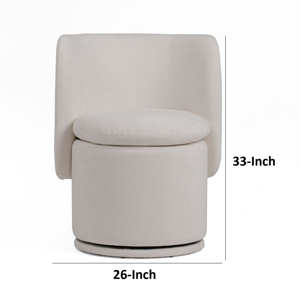 Benjara Reno Nori 26 Inch, Swivel Dining Chair, Off White Fabric, Wingback, Wood