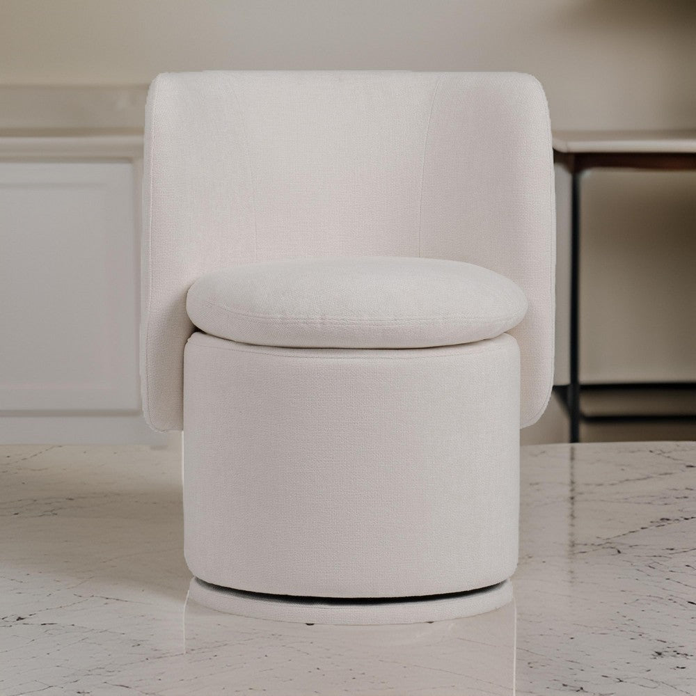 Benjara Reno Nori 26 Inch, Swivel Dining Chair, Off White Fabric, Wingback, Wood