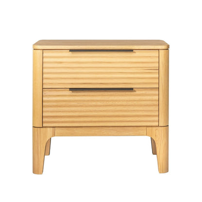 Benjara Cid Jima 26 Inch Nightstand, 2 Drawers, Solid Wood in Natural Oak Finish