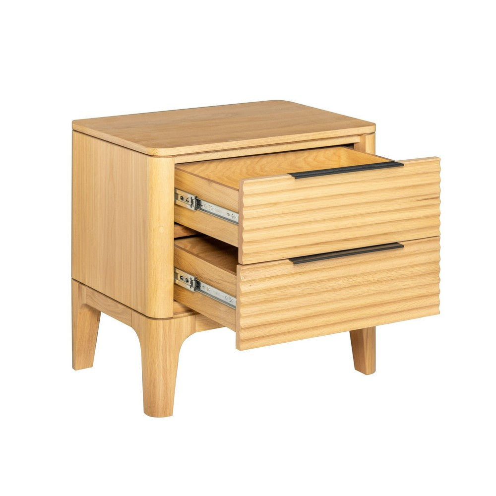Benjara Cid Jima 26 Inch Nightstand, 2 Drawers, Solid Wood in Natural Oak Finish
