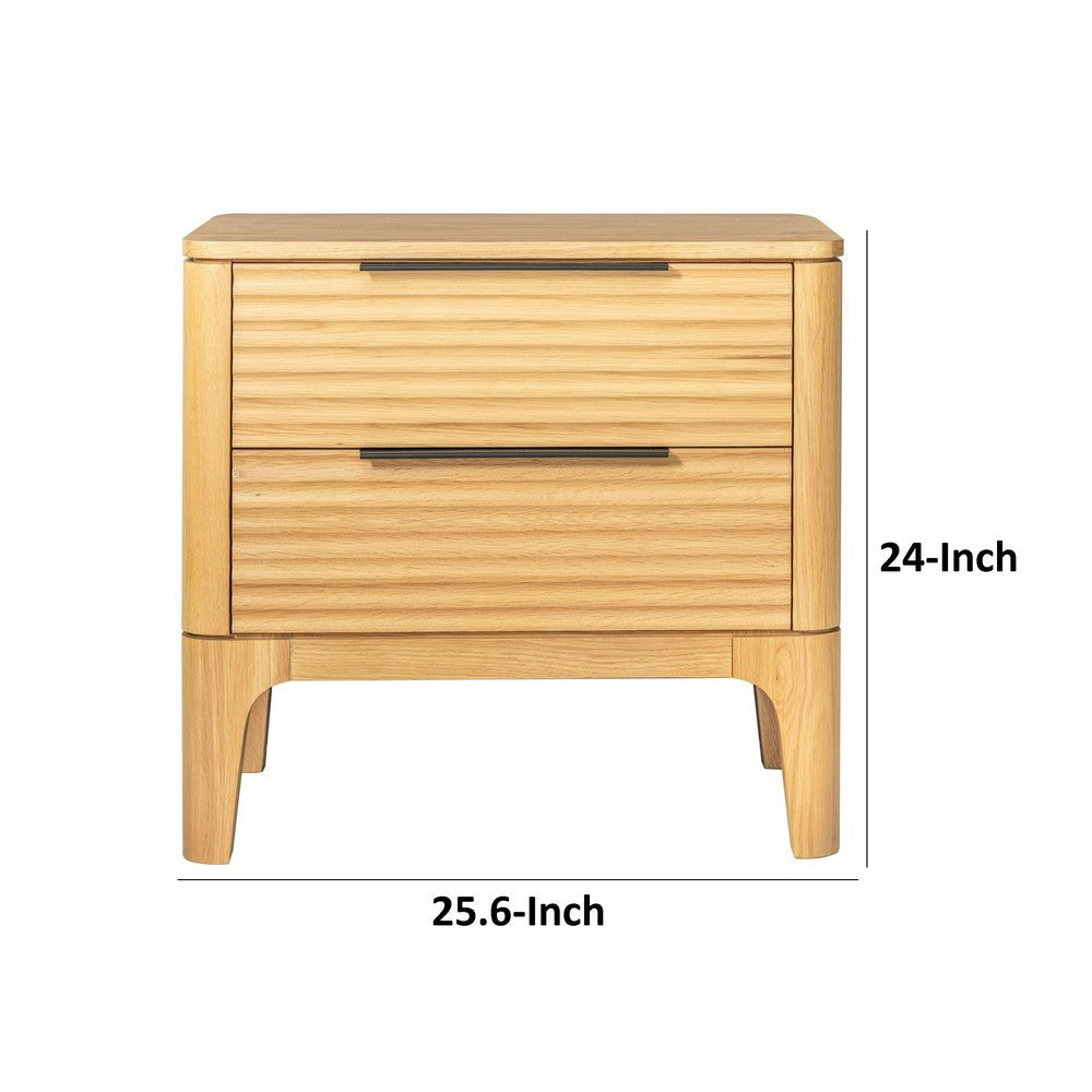 Benjara Cid Jima 26 Inch Nightstand, 2 Drawers, Solid Wood in Natural Oak Finish
