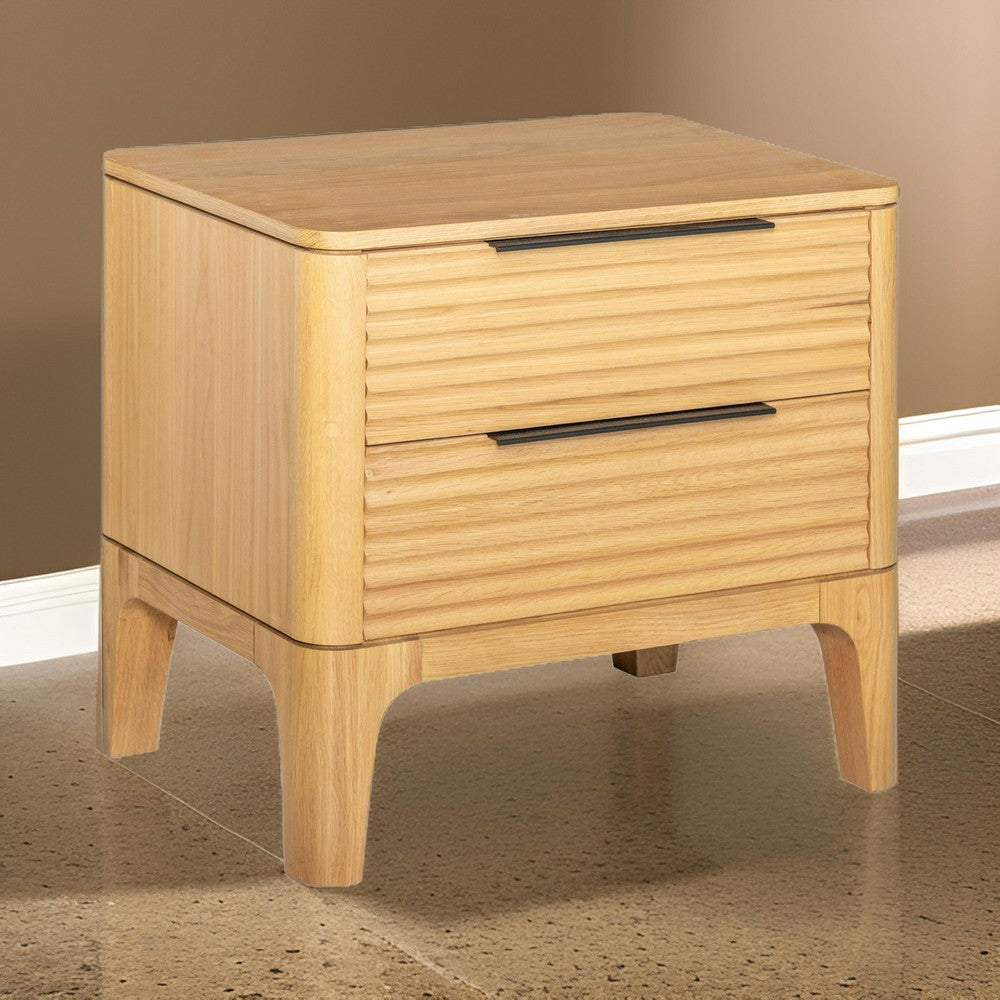 Benjara Cid Jima 26 Inch Nightstand, 2 Drawers, Solid Wood in Natural Oak Finish