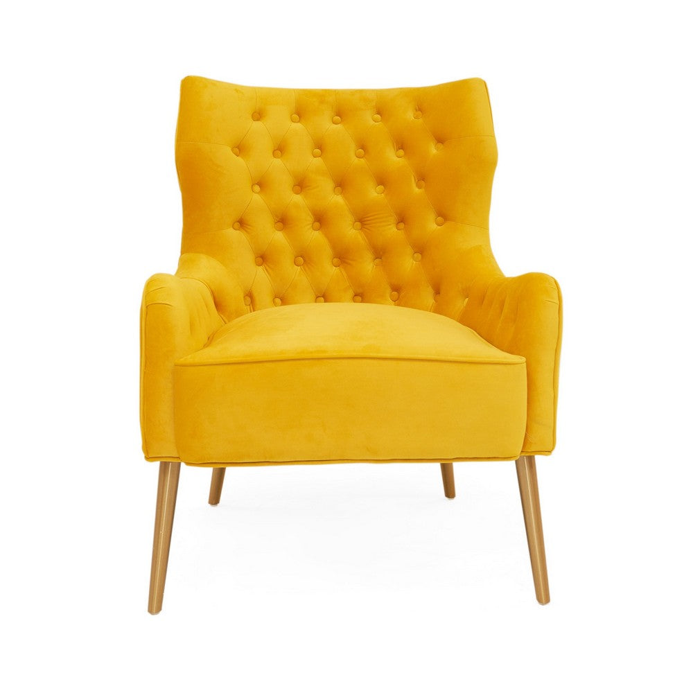 Benjara Elina 30 Inch Accent Chair, Cushioned Button Tufted Wingback, Orange Velvet