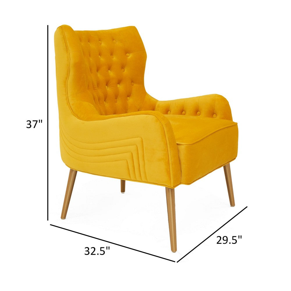 Benjara Elina 30 Inch Accent Chair, Cushioned Button Tufted Wingback, Orange Velvet