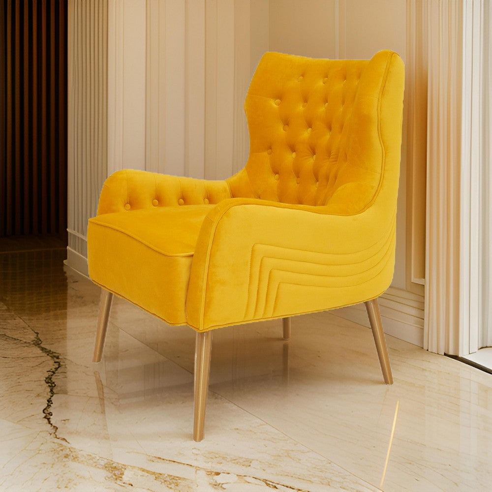 Benjara Elina 30 Inch Accent Chair, Cushioned Button Tufted Wingback, Orange Velvet