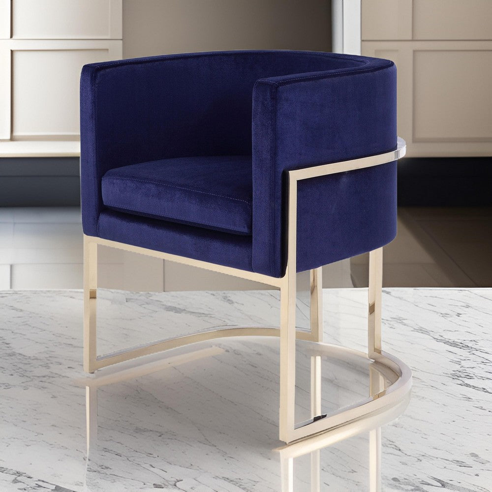 Benjara Naaz 24 Inch Kids Chair, Round, Blue Cushioned Velvet, Cantilever Gold Base