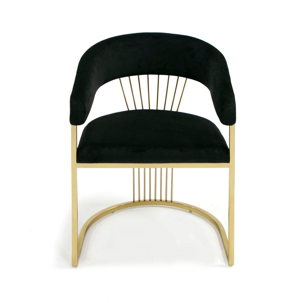 Benjara Moha 24 Inch Dining Chair, Round Cantilever Base, Black Velvet, Gold Finish