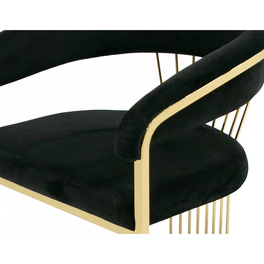 Benjara Moha 24 Inch Dining Chair, Round Cantilever Base, Black Velvet, Gold Finish