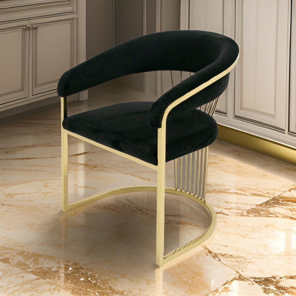 Benjara Moha 24 Inch Dining Chair, Round Cantilever Base, Black Velvet, Gold Finish