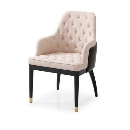 Benjara Hemin 23 Inch Dining Chair, Button Tufted Cushioned, Beige Leather, Black