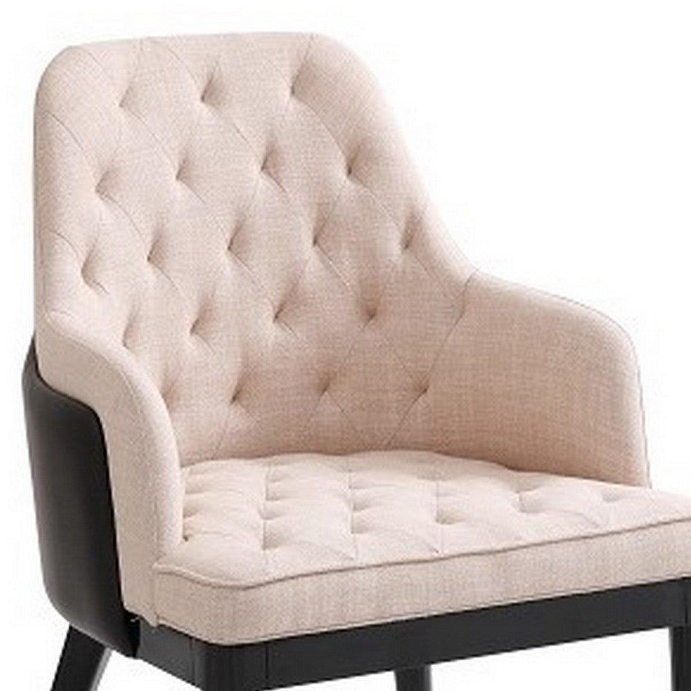 Benjara Hemin 23 Inch Dining Chair, Button Tufted Cushioned, Beige Leather, Black