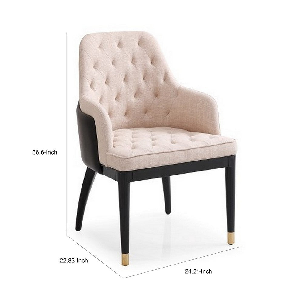 Benjara Hemin 23 Inch Dining Chair, Button Tufted Cushioned, Beige Leather, Black