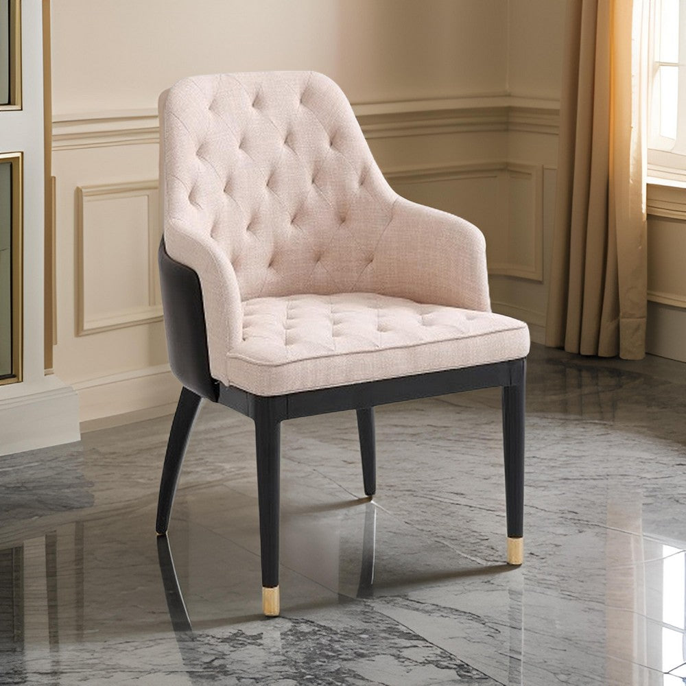 Benjara Hemin 23 Inch Dining Chair, Button Tufted Cushioned, Beige Leather, Black