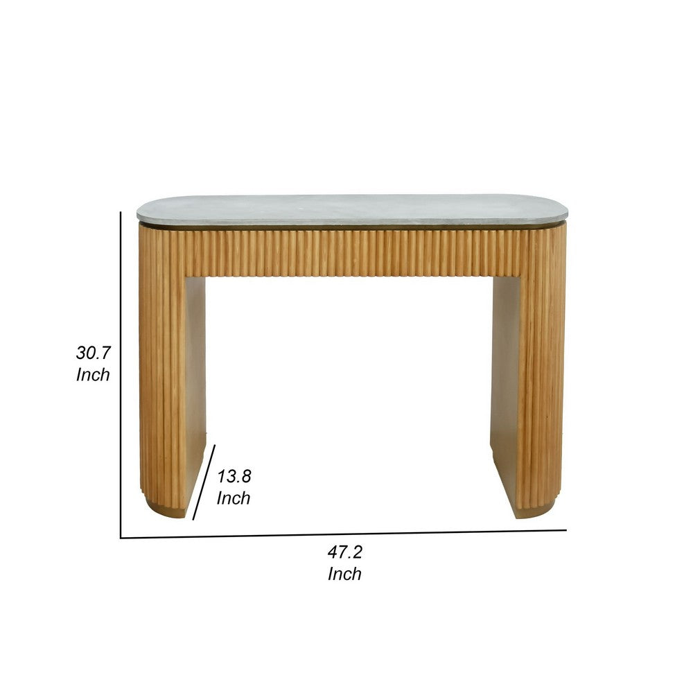 Benjara Cid Zeta 47 Inch Sofa Console Table, Gray Concrete Top, Ribbed Panel Base