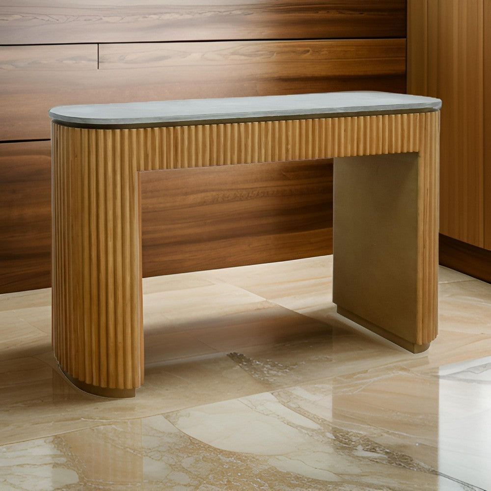 Benjara Cid Zeta 47 Inch Sofa Console Table, Gray Concrete Top, Ribbed Panel Base