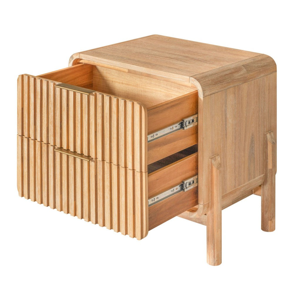 Benjara Cid Tori 24 Inch Nightstand, 2 Fluted Drawers, Gold Metal Handles, Brown