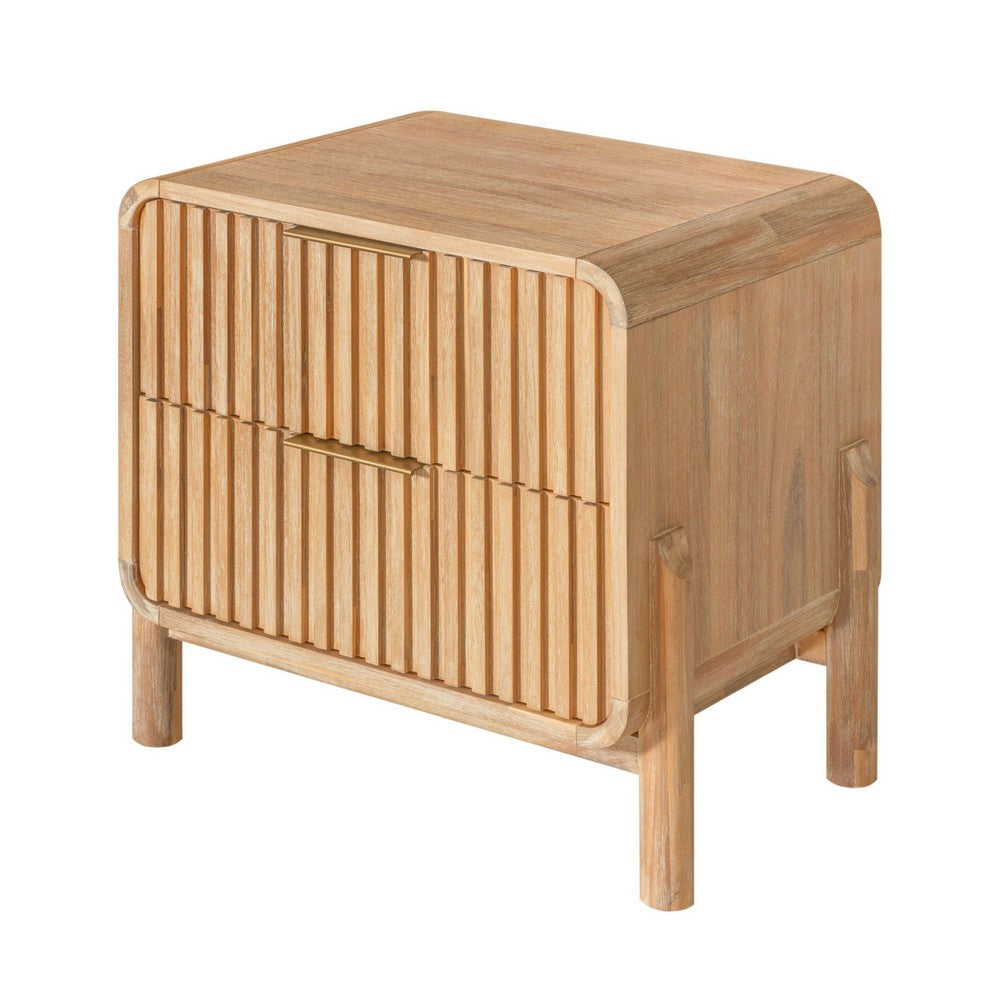 Benjara Cid Tori 24 Inch Nightstand, 2 Fluted Drawers, Gold Metal Handles, Brown