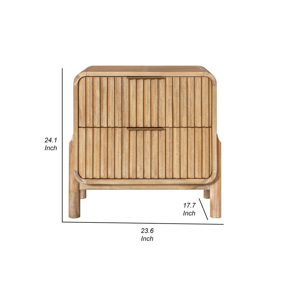 Benjara Cid Tori 24 Inch Nightstand, 2 Fluted Drawers, Gold Metal Handles, Brown