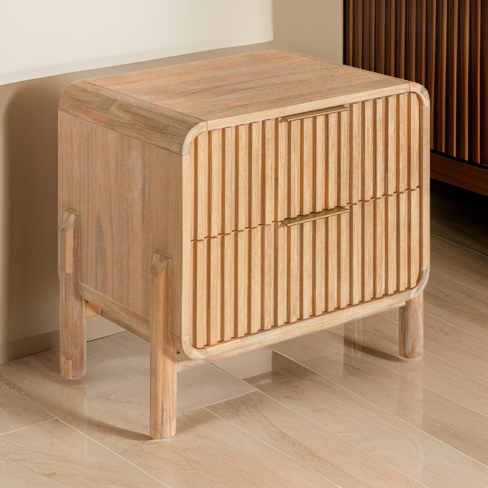 Benjara Cid Tori 24 Inch Nightstand, 2 Fluted Drawers, Gold Metal Handles, Brown