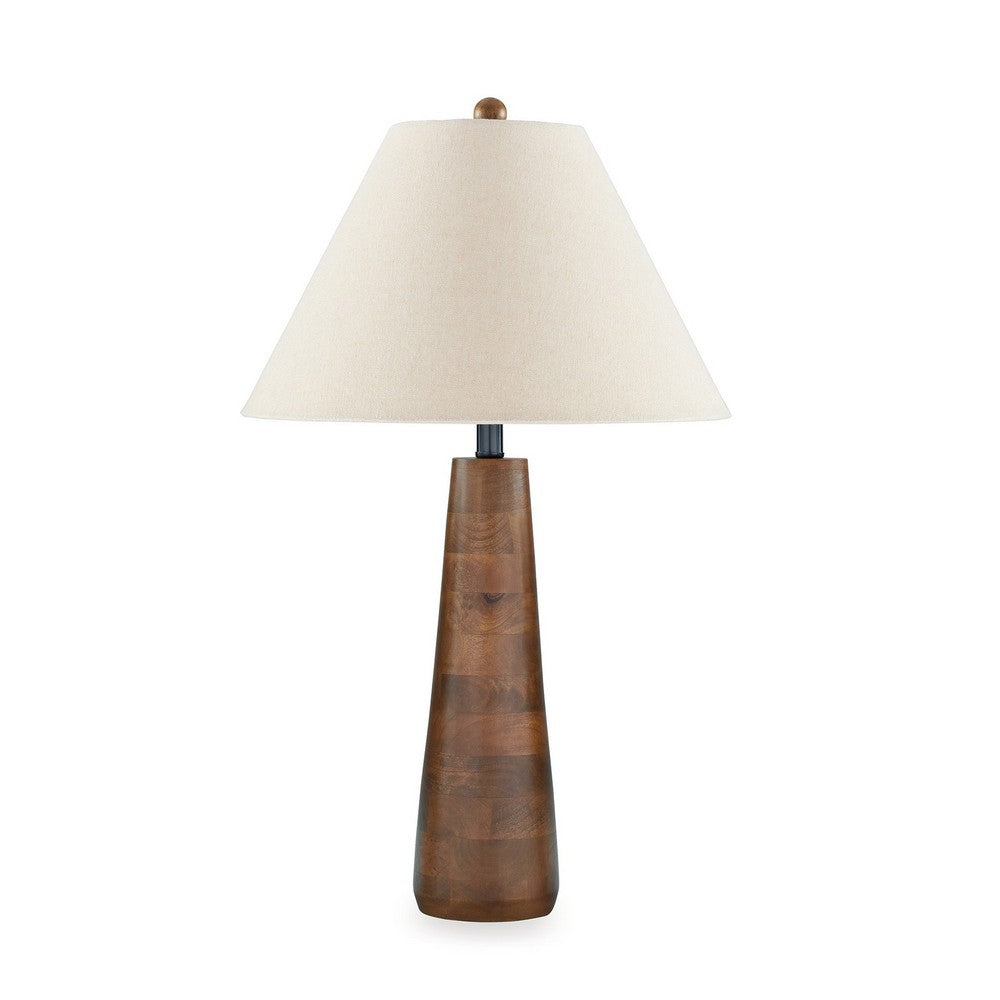 Benjara 30 Inch Table Lamp, White Empire Fabric Shade, Tapered Brown Wood Frame