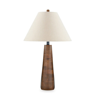 Benjara 30 Inch Table Lamp, White Empire Fabric Shade, Tapered Brown Wood Frame