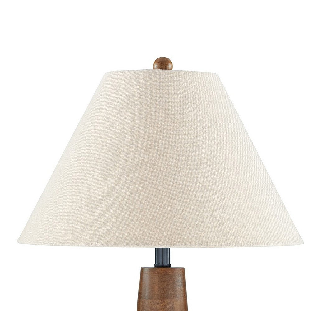 Benjara 30 Inch Table Lamp, White Empire Fabric Shade, Tapered Brown Wood Frame