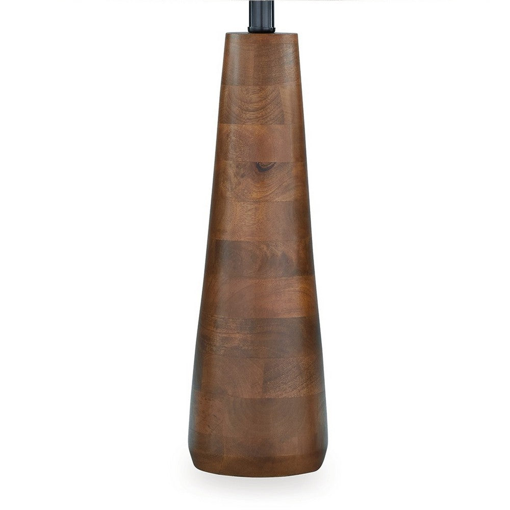 Benjara 30 Inch Table Lamp, White Empire Fabric Shade, Tapered Brown Wood Frame