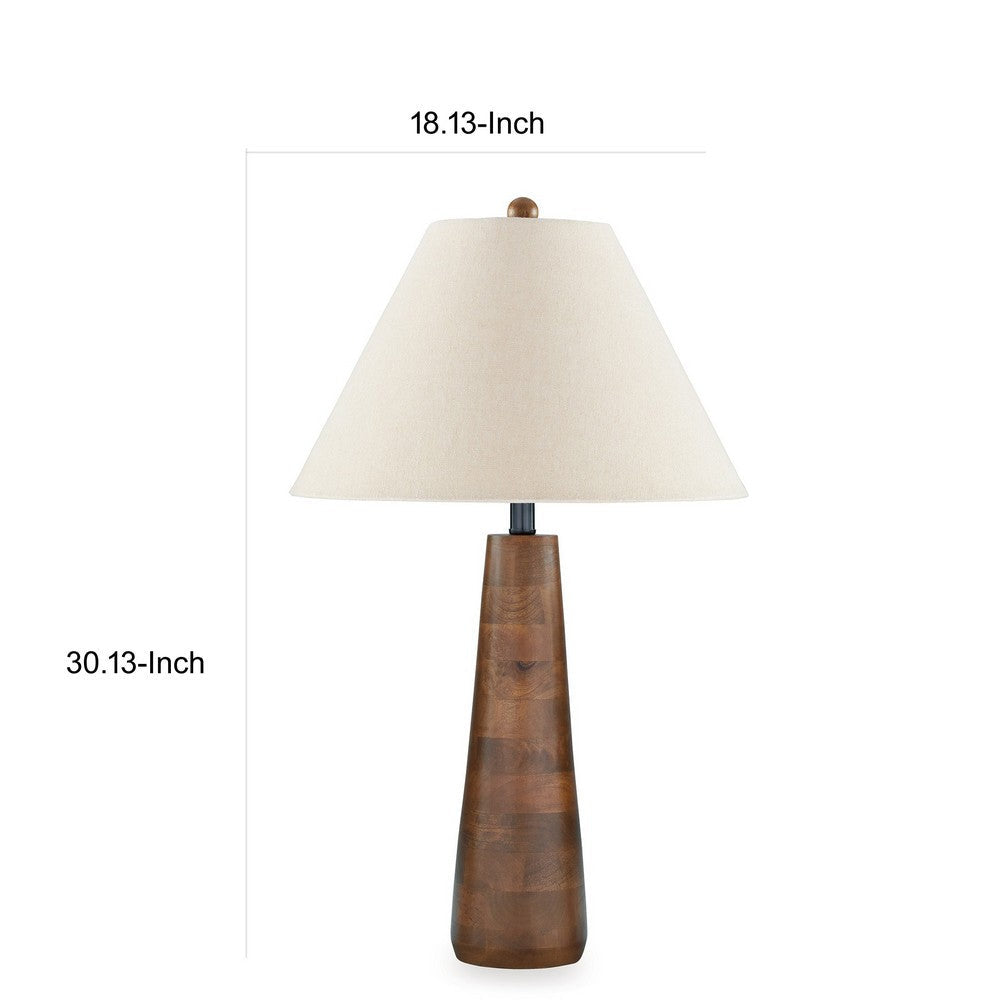 Benjara 30 Inch Table Lamp, White Empire Fabric Shade, Tapered Brown Wood Frame