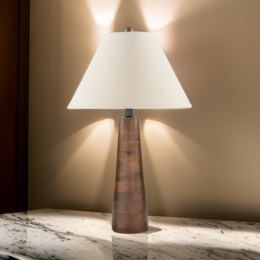 Benjara 30 Inch Table Lamp, White Empire Fabric Shade, Tapered Brown Wood Frame