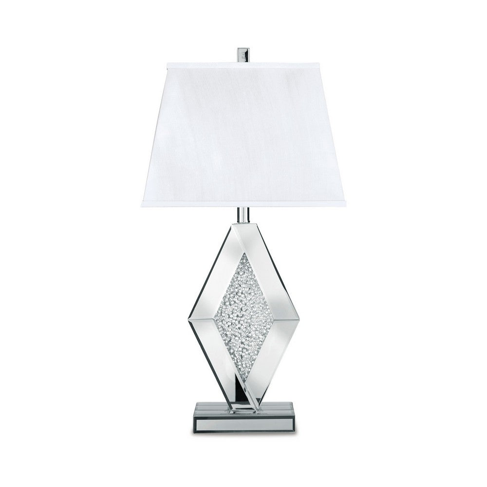 Benjara 30 Inch Table Lamp, Mirrored Crystal Accent Geometric Base, Chrome, White