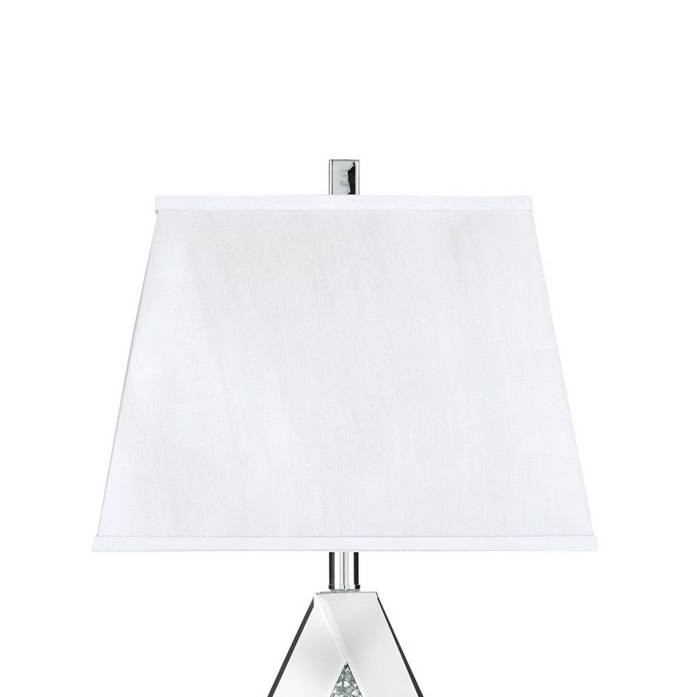 Benjara 30 Inch Table Lamp, Mirrored Crystal Accent Geometric Base, Chrome, White