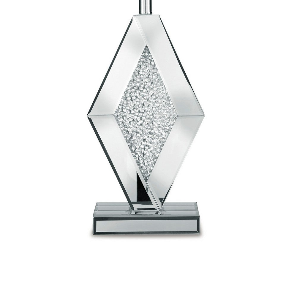 Benjara 30 Inch Table Lamp, Mirrored Crystal Accent Geometric Base, Chrome, White